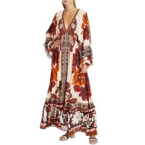 NWT Farm Rio sand winter tapestry long-sleeve v-neck maxi dress XS